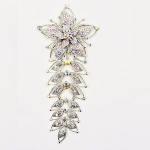 Vintage Silver Tone Floral Flower AB Rhinestone Long 8” X 4”Shoulder Brooch